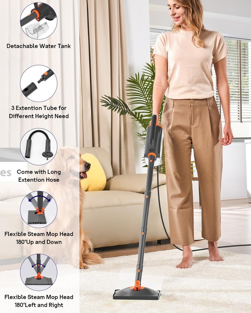 HelpX Steam Mop Cleaner with Detachable Handheld Steamer, 20 in 1 Wired Steam Cleaner with Multiple Accessories, Detachable Water Tank, Microfiber Pads for Floor Tiles Carpet and Grout Cleaning (Grey) - Image 3